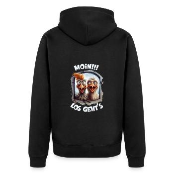 Moin Los geht's lustige Hühner Motivationsdesign - Unisex Premium Bio Zip Hoodie - Schwarz - Hinten - Nico (187cm)