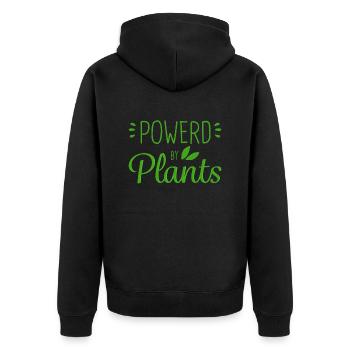 Powerd by Plants Vegan Power Geschenkidee - Unisex Premium Bio Zip Hoodie - Schwarz - Hinten - Nico (187cm)