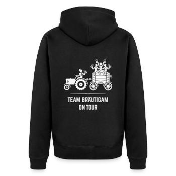 Team Bräutigam On Tour (Trecker Bierfass JGA / W) - Unisex Premium Bio Zip Hoodie - Schwarz - Hinten - Nico (187cm)