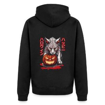 Luchs (Happy Halloween [jap.]) - Unisex Premium Bio Zip Hoodie - Schwarz - Hinten - Nico (187cm)