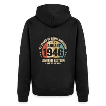 77 Ans Janvier 1946 Anniversaire Cadeau Vintage - Veste à capuche bio Premium Unisexe - noir - Dos - Nico (187cm)
