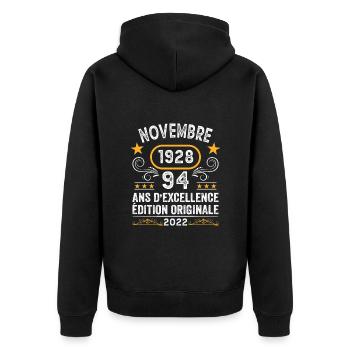 Novembre 1928 94 Ans Anniversaire Idée Cadeau - Veste à capuche bio Premium Unisexe - noir - Dos - Nico (187cm)