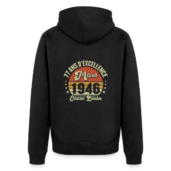 77 Ans D'excellence Mars 1946 Édition Limitée - Veste à capuche bio Premium Unisexe - noir - Dos - Nico (187cm)