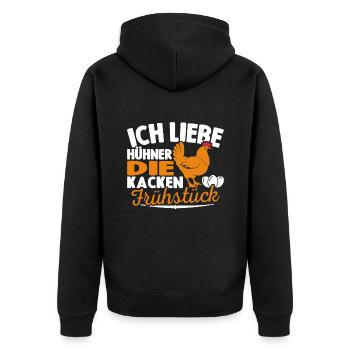 Ich Liebe Hühner Die Kacken Frühstück - Unisex Premium Bio Zip Hoodie - Schwarz - Hinten - Nico (187cm)