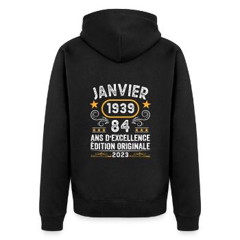 Anniversaire Vintage Idée Cadeau Janvier 1939 84 - Veste à capuche bio Premium Unisexe - noir - Dos - Nico (187cm)