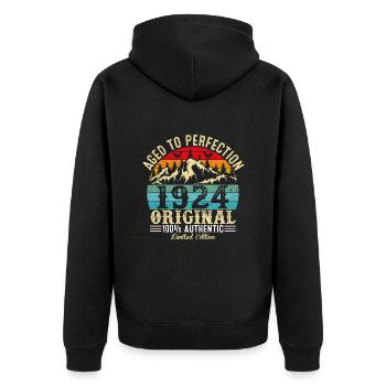 Perfekt gealtert 1924 Original - Unisex Premium Bio Zip Hoodie - Schwarz - Hinten - Nico (187cm)