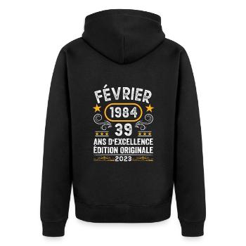 Anniversaire Vintage Idée Cadeau Février 1984 39 - Veste à capuche bio Premium Unisexe - noir - Dos - Nico (187cm)