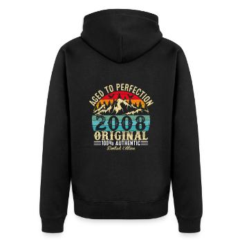 Perfekt gealtert 2008 Original - Unisex Premium Bio Zip Hoodie - Schwarz - Hinten - Nico (187cm)