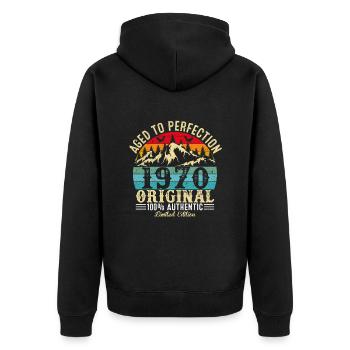 Perfekt gealtert 1970 original - Unisex Premium Bio Zip Hoodie - Schwarz - Hinten - Nico (187cm)