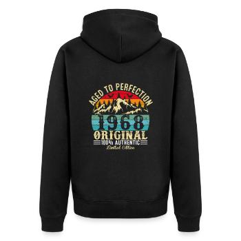 Perfekt gealtert 1968 original - Unisex Premium Bio Zip Hoodie - Schwarz - Hinten - Nico (187cm)