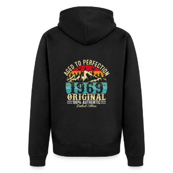 Perfekt gealtert 1969 Original - Unisex Premium Bio Zip Hoodie - Schwarz - Hinten - Nico (187cm)