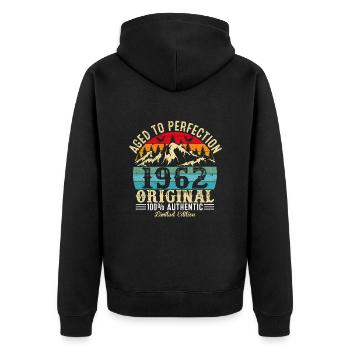 Perfekt gealtert 1962 Original - Unisex Premium Bio Zip Hoodie - Schwarz - Hinten - Nico (187cm)