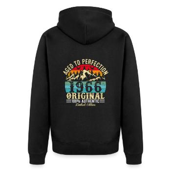 Perfekt gealtert 1966 original - Unisex Premium Bio Zip Hoodie - Schwarz - Hinten - Nico (187cm)