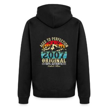 Perfekt gealtert 2007 Original - Unisex Premium Bio Zip Hoodie - Schwarz - Hinten - Nico (187cm)