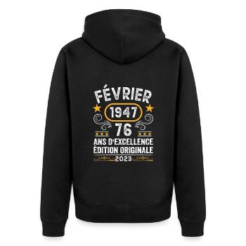 Anniversaire Vintage Idée Cadeau Février 1947 76 - Veste à capuche bio Premium Unisexe - noir - Dos - Nico (187cm)