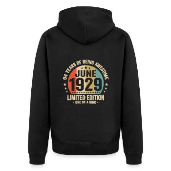 June 1929 94 years anniversary vintage gift idea - Unisex Premium Organic Zip Hoodie - black - Back - Nico (187cm)
