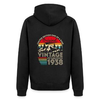 Original vintage established in 1938 anniversary - Unisex Premium Organic Zip Hoodie - black - Back - Nico (187cm)