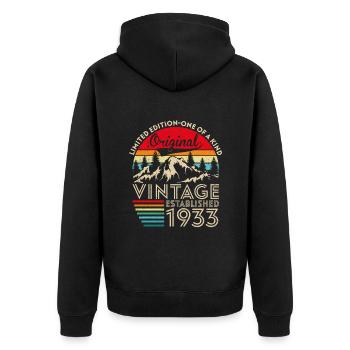 Original vintage established in 1933 anniversary - Unisex Premium Organic Zip Hoodie - black - Back - Nico (187cm)