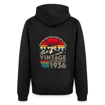 Original vintage established in 1936 anniversary - Unisex Premium Organic Zip Hoodie - black - Back - Nico (187cm)