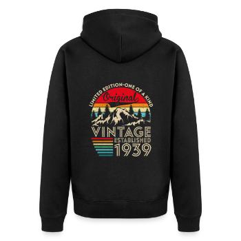 Original vintage established in 1939 anniversary - Unisex Premium Organic Zip Hoodie - black - Back - Nico (187cm)