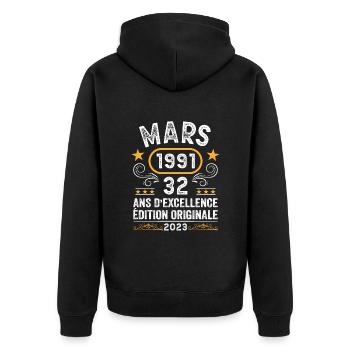 Anniversaire Vintage Idée Cadeau Mars 1991 32 - Veste à capuche bio Premium Unisexe - noir - Dos - Nico (187cm)