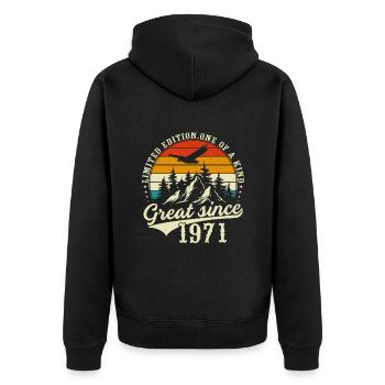 Einzigartig seit 1971 - Unisex Premium Bio Zip Hoodie - Schwarz - Hinten - Nico (187cm)