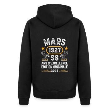 Anniversaire Vintage Idée Cadeau Mars 1927 96 - Veste à capuche bio Premium Unisexe - noir - Dos - Nico (187cm)