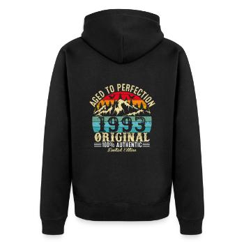 Perfekt gealtert 1993 original - Unisex Premium Bio Zip Hoodie - Schwarz - Hinten - Nico (187cm)