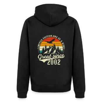 Einzigartig seit 2002 - Unisex Premium Bio Zip Hoodie - Schwarz - Hinten - Nico (187cm)