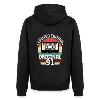 Limitierte Auflage des Besten des Originals von 1991 - Unisex Premium Bio Zip Hoodie - Schwarz - Hinten - Nico (187cm)
