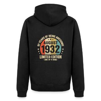 August 1932 91 Jahre Jubiläumsgeschenk - Unisex Premium Bio Zip Hoodie - Schwarz - Hinten - Nico (187cm)