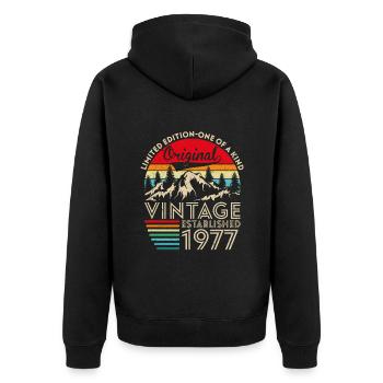 Original vintage established in 1977 anniversary - Unisex Premium Organic Zip Hoodie - black - Back - Nico (187cm)