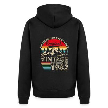 Original vintage established in 1982 anniversary - Unisex Premium Organic Zip Hoodie - black - Back - Nico (187cm)