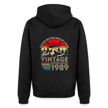 Original vintage established in 1989 anniversary - Unisex Premium Organic Zip Hoodie - black - Back - Nico (187cm)