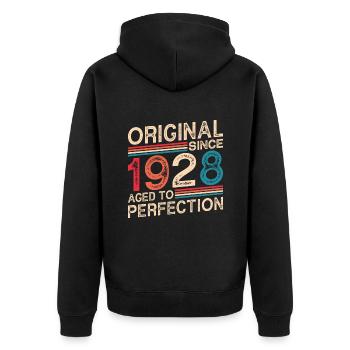 Original seit 1928 Perfekt gealtert - Unisex Premium Bio Zip Hoodie - Schwarz - Hinten - Nico (187cm)