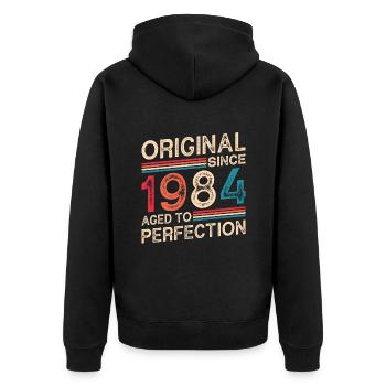 Original since 1984 Aged to perfection - Unisex Premium Organic Zip Hoodie - black - Back - Nico (187cm)