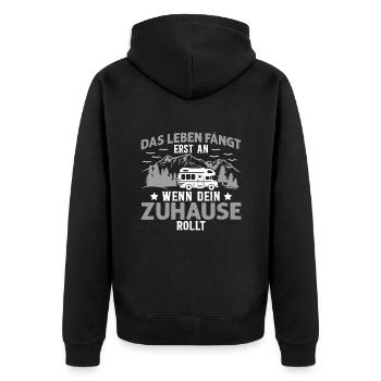 Das Leben Fängt Erst An Wenn Dein Zuhause Rollt - Unisex Premium Bio Zip Hoodie - Schwarz - Hinten - Nico (187cm)