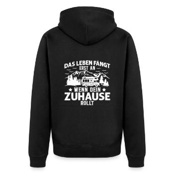 Das Leben Fängt Erst An Wenn Dein Zuhause Rollt - Unisex Premium Bio Zip Hoodie - Schwarz - Hinten - Nico (187cm)