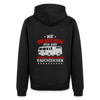 Wir Brauchen Kein Navi Fireman Feuerwehr - Unisex Premium Bio Zip Hoodie - Schwarz - Hinten - Nico (187cm)
