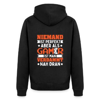 Niemand Ist Perfekt Aber Als Gamer Bin Ich Perfekt - Unisex Premium Bio Zip Hoodie - Schwarz - Hinten - Nico (187cm)