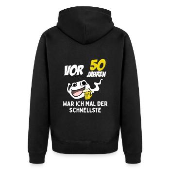 Vor 50 Jahren War Ich Mal Der Schnellste - Unisex Premium Bio Zip Hoodie - Schwarz - Hinten - Nico (187cm)