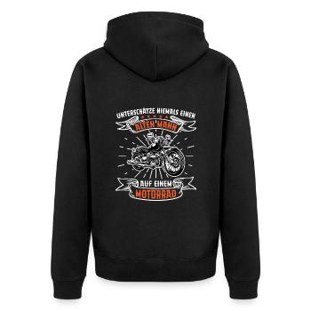 Geschenkidee Ein Alter Mann Auf Einem Motorrad - Unisex Premium Bio Zip Hoodie - Schwarz - Hinten - Nico (187cm)