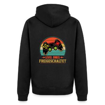 Level Onkel Freigeschaltet - Unisex Premium Bio Zip Hoodie - Schwarz - Hinten - Nico (187cm)