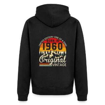 Unikat Jahrgang 1960 Original Jahrgang - Unisex Premium Bio Zip Hoodie - Schwarz - Hinten - Nico (187cm)