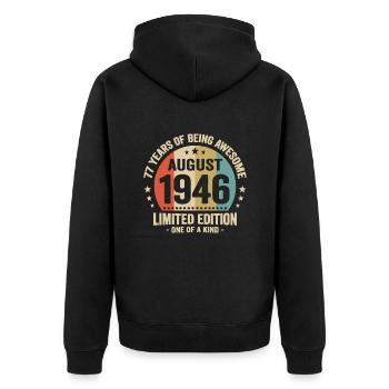 August 1946 77 Years Anniversary Vintage Gift - Unisex Premium Organic Zip Hoodie - black - Back - Nico (187cm)