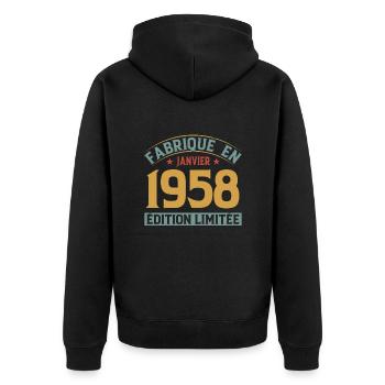 Hergestellt im Januar 1958 Limited Edition - Unisex Premium Bio Zip Hoodie - Schwarz - Hinten - Nico (187cm)