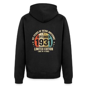 September 1931 92 Years Anniversary Vintage Gift - Unisex Premium Organic Zip Hoodie - black - Back - Nico (187cm)