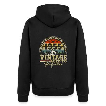 1955 Vintage bis zur Perfektion gereift - Unisex Premium Bio Zip Hoodie - Schwarz - Hinten - Nico (187cm)