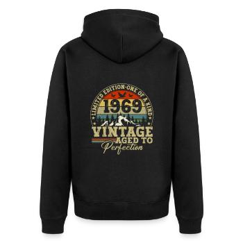 1969 Vintage Bis Zur Perfektion Gereift - Unisex Premium Bio Zip Hoodie - Schwarz - Hinten - Nico (187cm)