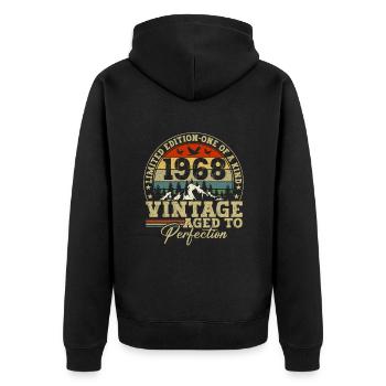 1968 Vintage Bis Zur Perfektion Gereift - Unisex Premium Bio Zip Hoodie - Schwarz - Hinten - Nico (187cm)